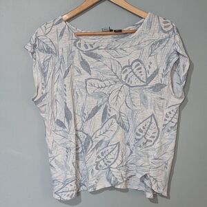 Tahari 100% Linen Women's XL Short Sleeve Off-Setโ Hem Palm Print Blouse